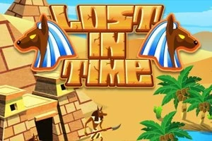Egy egyiptomi témájú grafika piramisokkal és pálmafákkal, középen „Lost in Time” felirattal két kutyafejjel