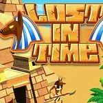 Egy egyiptomi témájú grafika piramisokkal és pálmafákkal, középen „Lost in Time” felirattal két kutyafejjel