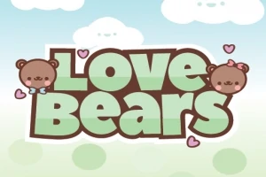 Két cuki medvefigura a Love Bears felirat körül, szívecskékkel és felhős háttérrel