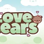 Két cuki medvefigura a Love Bears felirat körül, szívecskékkel és felhős háttérrel