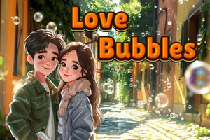 Fiatal pár áll egy napfényes, szűk utcában lebegő szappanbuborékok között, felettük „Love Bubbles felirat