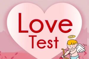 Fehér szív alakú háttér közepén piros betűkkel Love Test felirattal, jobb alsó sarokban kis angyal nyíllal és íjjal