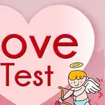 Fehér szív alakú háttér közepén piros betűkkel Love Test felirattal, jobb alsó sarokban kis angyal nyíllal és íjjal