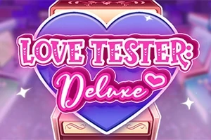 Kék szív alakú háttér, rajta rózsaszín Love Tester: Deluxe felirattal