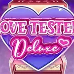 Kék szív alakú háttér, rajta rózsaszín Love Tester: Deluxe felirattal