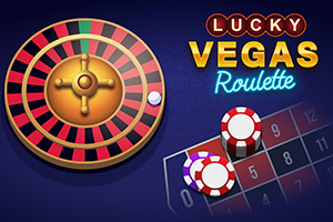 Kaszinó rulettkerék piros és fekete számokkal, mellette zsetonok és a Lucky Vegas Roulette felirat