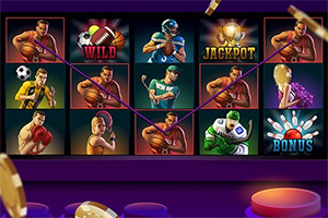 Sportolókat és kaszinó szimbólumokat ábrázoló slot gép képernyője, lila háttérrel és zsetonokkal az előtérben