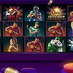 Sportolókat és kaszinó szimbólumokat ábrázoló slot gép képernyője, lila háttérrel és zsetonokkal az előtérben