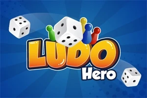 Dobókockák és színes bábuk láthatók egy kék háttér előtt a Ludo Hero felirattal