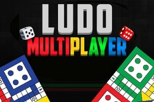 Színes, négyzet alakú táblák és dobókockák, LUDO és MULTIPLAYER feliratokkal