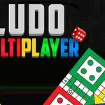 Színes, négyzet alakú táblák és dobókockák, LUDO és MULTIPLAYER feliratokkal