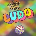 Színes graffiti stílusú LUDO felirat korona rajzzal és dobókockával színes háttér előtt