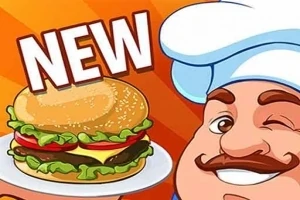 Egy rajzolt szakács mosolyogva kacsint, miközben egy tányér hamburgert tart, mellette a NEW felirat látható
