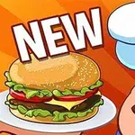 Egy rajzolt szakács mosolyogva kacsint, miközben egy tányér hamburgert tart, mellette a NEW felirat látható