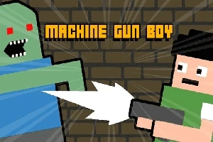 Egy pixeles stílusú kép, amelyen egy zöld szörny és egy fekete hajú fiú látható géppisztollyal, a háttérben téglafal, és a Machine Gun Boy felirat