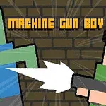 Egy pixeles stílusú kép, amelyen egy zöld szörny és egy fekete hajú fiú látható géppisztollyal, a háttérben téglafal, és a Machine Gun Boy felirat
