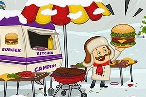 Havas tájban egy mosolygós szakács hamburgert tart a kezében egy mobil ételárusnál, mellette grillezővel és színes napernyővel