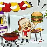 Havas tájban egy mosolygós szakács hamburgert tart a kezében egy mobil ételárusnál, mellette grillezővel és színes napernyővel