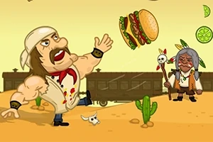 Karikatúraszerű, izmos férfi fehér kendővel fején hamburgert dob, mellette idős indián férfi áll botot tartva a sivatagban, háttérben vonat halad
