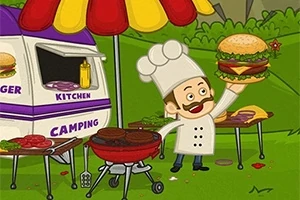 Szakács sapkában álló figura mosolyogva tart egy nagy hamburgert, miközben egy szabadtéri grillpartin áll egy színes napernyő és egy lakókocsi mellett