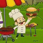 Szakács sapkában álló figura mosolyogva tart egy nagy hamburgert, miközben egy szabadtéri grillpartin áll egy színes napernyő és egy lakókocsi mellett
