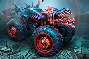 Mad Truck Challenge Egy színes, sárkányformájú szörnykamion nagy kerekekkel egy szakadt, kietlen tájon