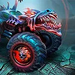 Mad Truck Challenge Egy színes, sárkányformájú szörnykamion nagy kerekekkel egy szakadt, kietlen tájon