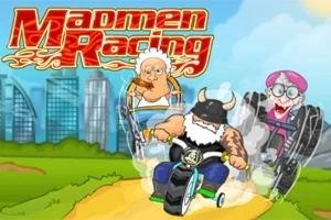 Idős emberek versengenek különböző járműveken egy vidám és rajzfilmszerű környezetben