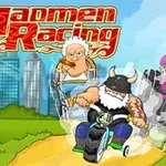 Idős emberek versengenek különböző járműveken egy vidám és rajzfilmszerű környezetben