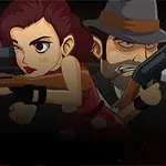 Három rajzfilmszerű karakter fegyverekkel, középen egy nő piros ruhában, két férfi pedig kalapban és öltönyben