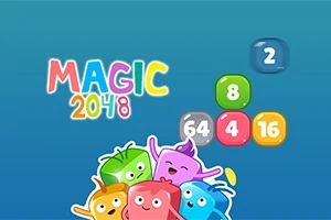 Színes karakterek mosolyognak egy kék háttér előtt, körülöttük számos színes, számokat tartalmazó kocka, valamint a MAGIC 2048 felirat