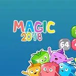 Színes karakterek mosolyognak egy kék háttér előtt, körülöttük számos színes, számokat tartalmazó kocka, valamint a MAGIC 2048 felirat