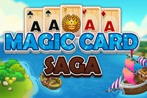 Kártyalapok és egy koronás lap látható egy folyó előtt hajóval és szigettel, a „Magic Card Saga” felirattal