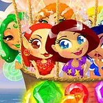 Hat rajzfilmszerű lány színes ruhákban és hajjal egy hőlégballon kosarában, alul színes drágakövekkel