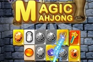 Színes drágakövek és varázspálca ikonok kő háttér előtt, Magic Mahjong felirattal