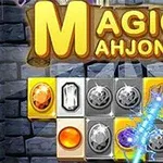Színes drágakövek és varázspálca ikonok kő háttér előtt, Magic Mahjong felirattal