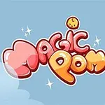 Rajzolt Magic Pom felirat színes betűkkel, aranyos állatfigurákkal és csillagokkal kék háttér előtt