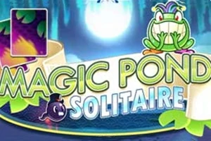 Egy színes grafika zöld békával, holdfényben, a Magic Pond Solitaire felirattal