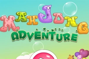 Színes, buborékokkal díszített háttér fölött játékos betűkkel írt Mahjong Adventure felirat