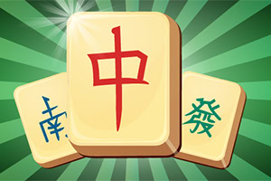 Három mahjong csempe kínai karakterekkel, zöld sugaras háttérrel