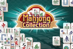 Mahjong Collection felirat zöld háttér előtt, körülötte különféle kínai írásjelekkel és mintákkal díszített mahjongkövekkel