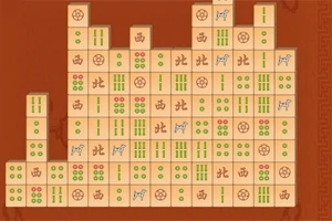 Mahjong kövek rendezett elrendezésben, különböző szimbólumokkal, például körökkel, vonalakkal és kínai karakterekkel barna háttéren
