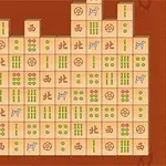 Mahjong kövek rendezett elrendezésben, különböző szimbólumokkal, például körökkel, vonalakkal és kínai karakterekkel barna háttéren