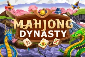 Egy fából készült, MAHJONG DYNASTY feliratú tábla központi helyen, körülvéve két sárkánnyal, cseresznyefák virágaival és három mahjong csempével