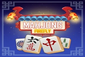 Egy kék háttér előtt piros színű kínai lámpásokkal díszített felirat és alatta három mahjong kő látható különböző mintákkal