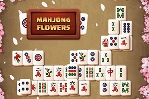 Mahjong kövek virágmintás motívumokkal és Mahjong Flowers felirat körül, cseresznyevirág-szirmokkal körítve