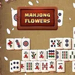 Mahjong kövek virágmintás motívumokkal és Mahjong Flowers felirat körül, cseresznyevirág-szirmokkal körítve