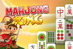 Rajzfilmfigura piros és arany ruhában botot tart, mellette mahjong kövek és MAHJONG KING felirat