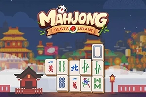 Képes csempemintás mozaikok színes ábrákkal egy hagyományos keleti épület és lámpás előtt, a Mahjong Restaurant szöveggel a tetején