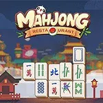 Képes csempemintás mozaikok színes ábrákkal egy hagyományos keleti épület és lámpás előtt, a Mahjong Restaurant szöveggel a tetején